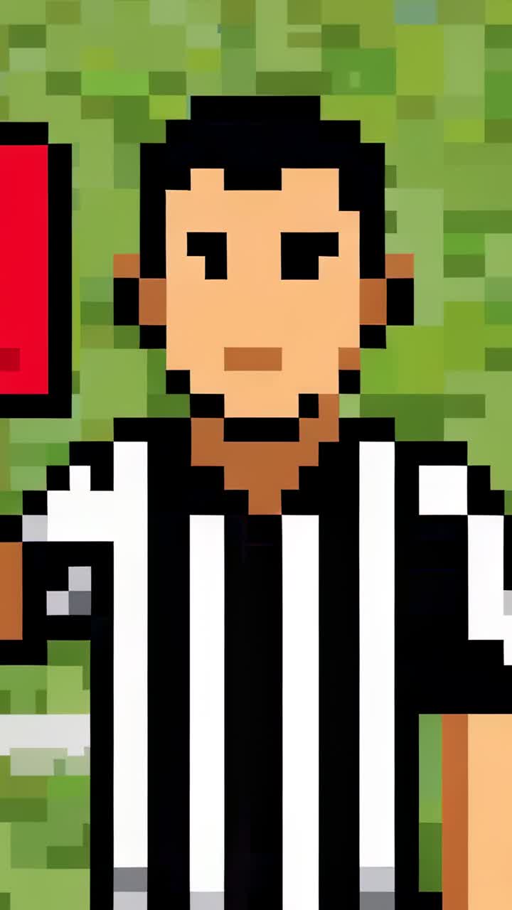 Video verticale: Separazione dei colori RGB che genera un effetto pixelato, formando un tubo a mosaico sul terreno di gioco, con una divisa a strisce e un tabellone rosso.