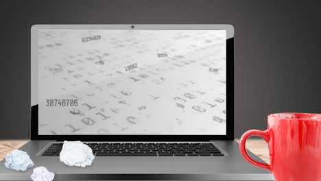 Digital animation of binary coding data processing on laptop screen against grey background