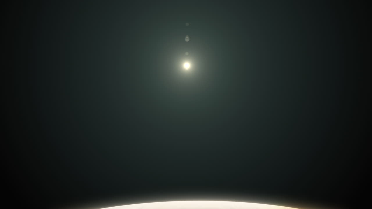 Camera Pan Down to Planet Jupiter with Atmosphere and Details on Planet Surface with Distant Sun Flare. 3D Space Animation ProRes 4K.