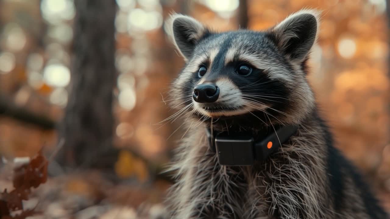 Raccoon in the forest with a tracking collar
