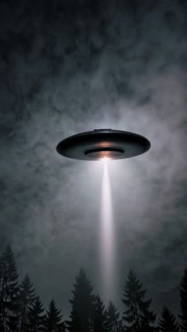 aerial view of a ufo emitting a beam of light over a dark forest, creating a mysterious, cinematic