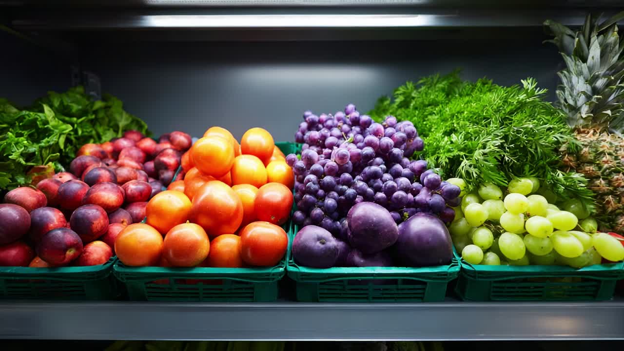 Un'esposizione colorata di frutta e verdura fresca in cesti, che mostra una varietà di mele, uva, prugne e verdure a foglia verde in una vivace vetrina refrigerata di un negozio di alimentari, perfetta per un'alimentazione sana