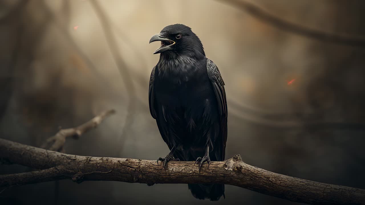 Cawing black crow raising head and scanning deadwood branch in smoky forest, with drifting embers