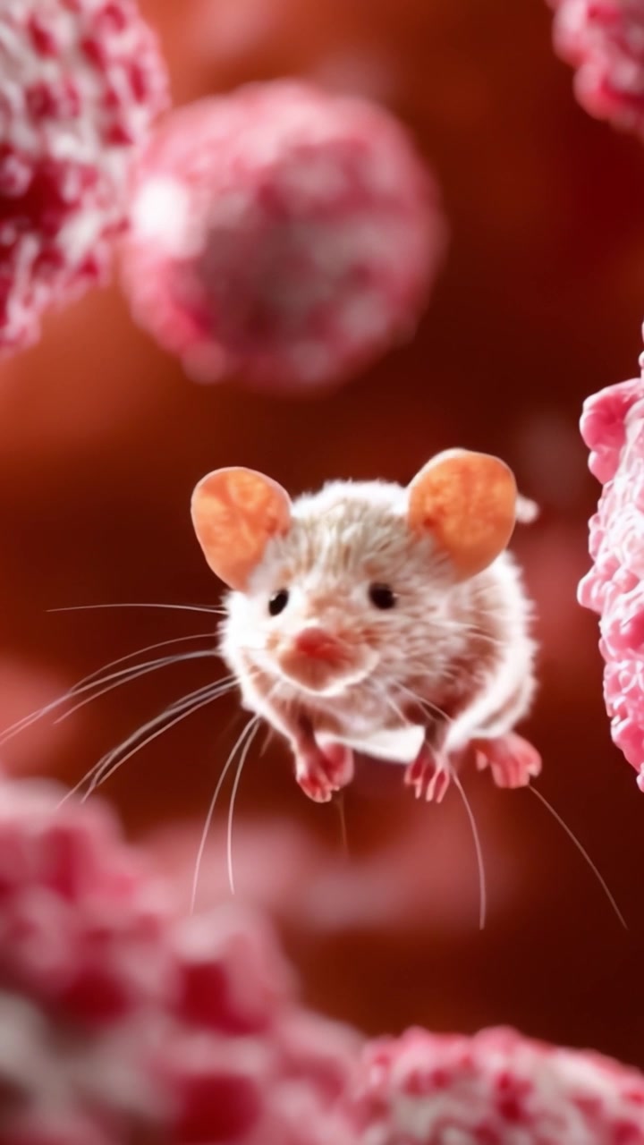 Esplorando ambienti cellulari: una visione ravvicinata di un topo tra strutture microscopiche e cellule in un sistema biologico dinamico