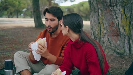 familia romántica comiendo picnic en el parque vertical de cerca. la pareja disfruta de bocadillos