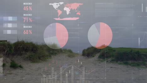animating data visualization over sandy path through grassy dunes in nature setting
