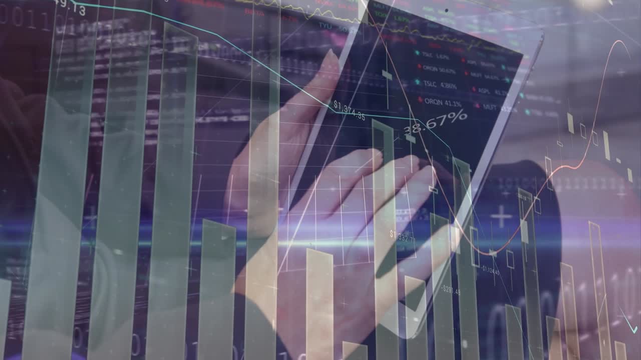 Animazione di elaborazione di dati finanziari sovrapposta a giocatori di pallacanestro