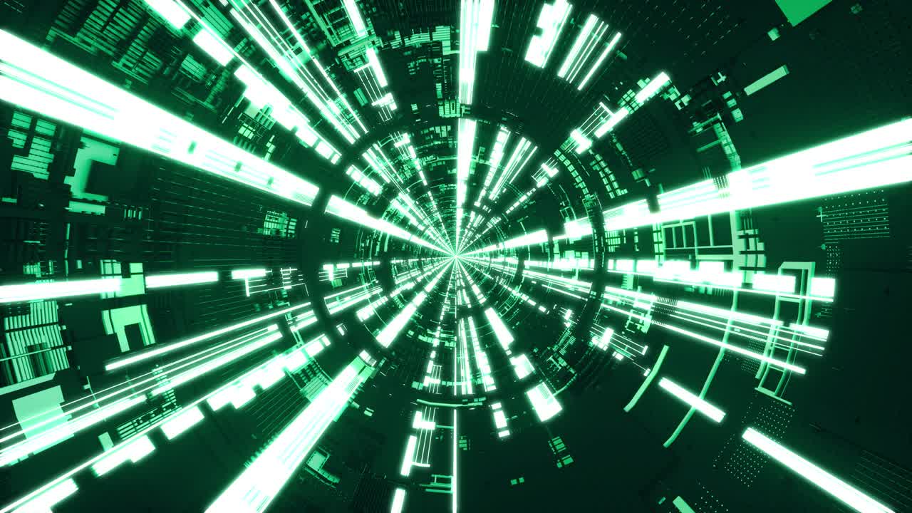 Seamless loop flying into green spaceship tunnel, sci-fi spaceship corridor. Futuristic technology abstract seamless VJ for tech titles and background. 3d rendering