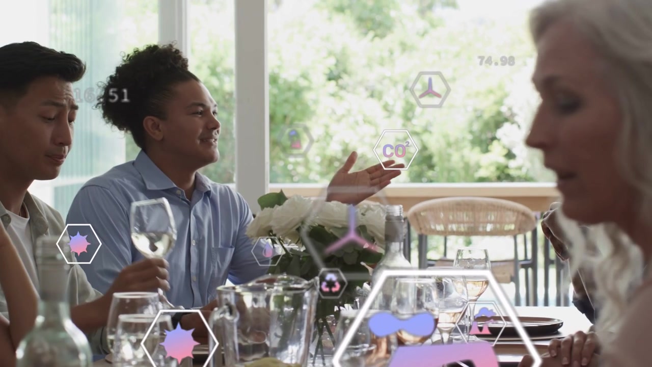 Silver hair woman sipping wine, camera panning, curly man gesturing, AR hex icons showing CO2 tech