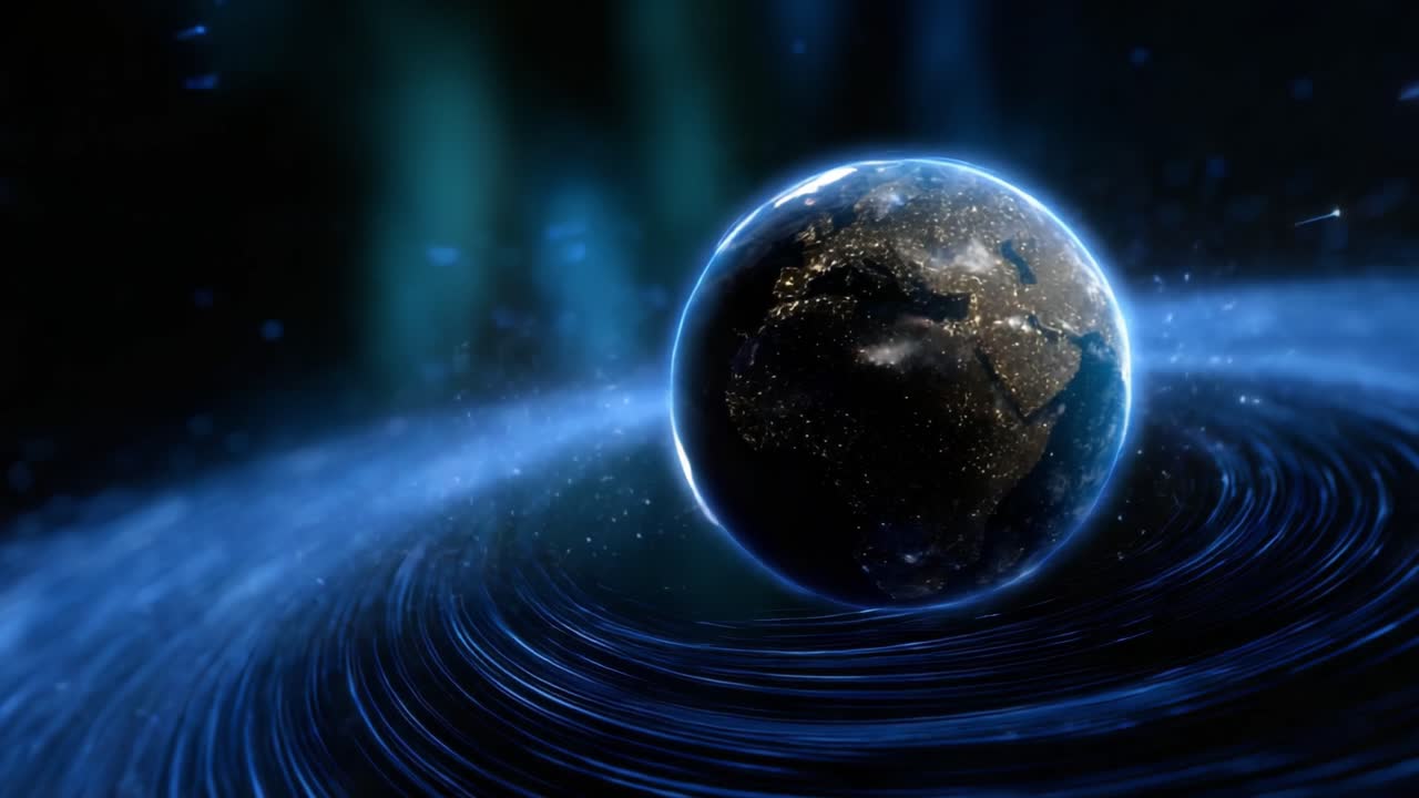 Una visione cosmica della Terra circondata da un turbinio ipnotico di scie luminose, che illustra la vastità dello spazio e la bellezza del nostro pianeta di notte