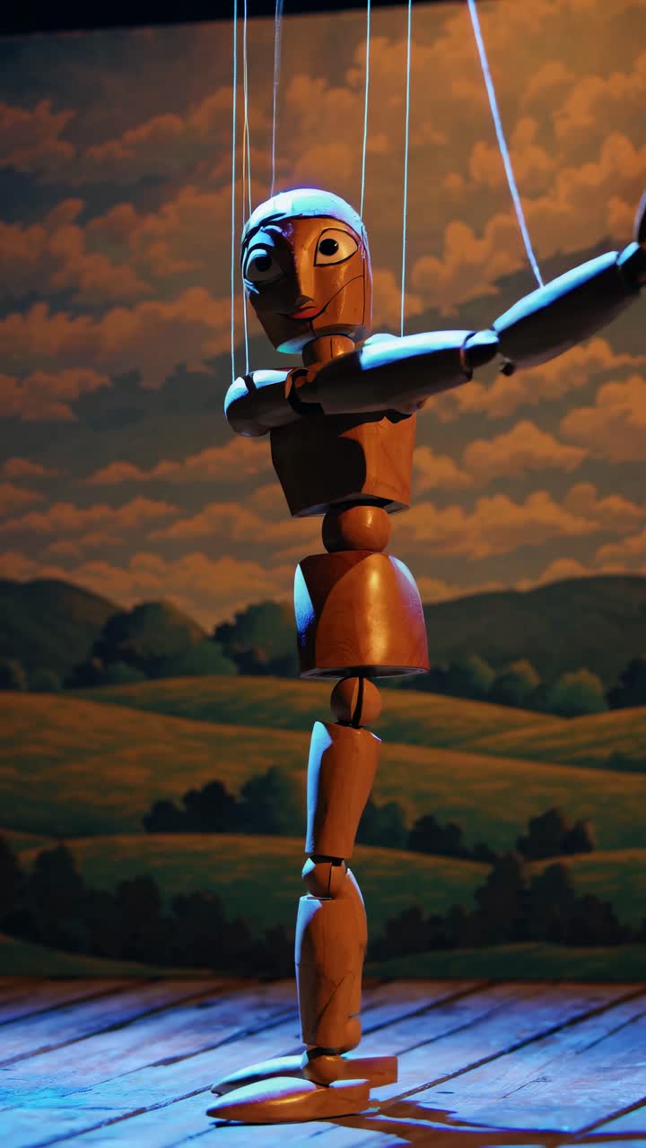 A wooden puppet on strings is captured from a low-angle, spotlighted on stage, evoking a vintage