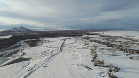 aerial view of a snowy village in a river valley