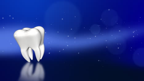 3d model white tooth on abstract blue background with bokeh. animated looped medical dental screensaver. copy space.