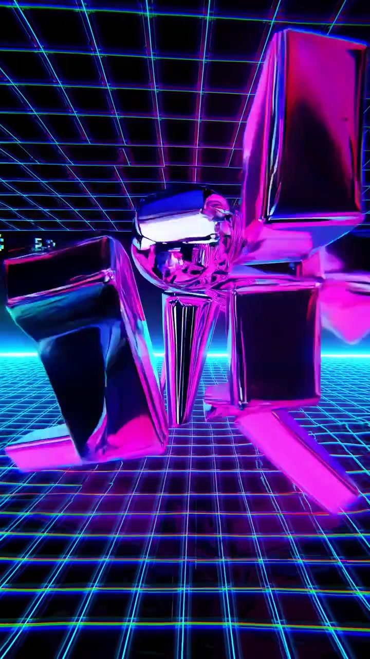 Forme metalliche 3D astratte dinamiche che si trasformano su una griglia al neon