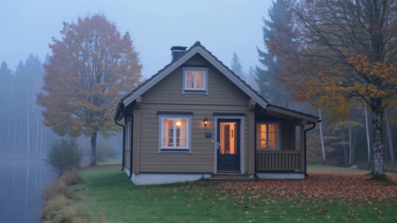 Kameraet zoomer inn og strammer inn rammen på en liten trehytte ved innsjøen, som viser en blå dør og opplyste vinduer.