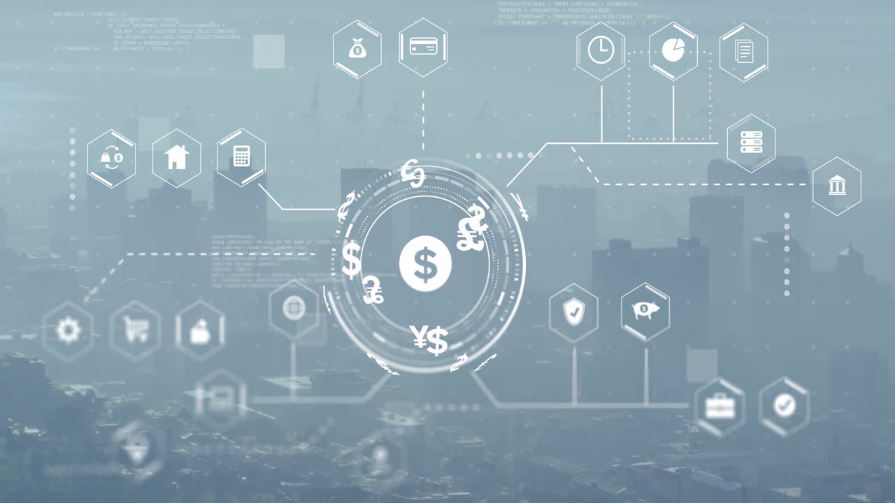 animazione di icone di valuta digitale e elaborazione dei dati su cityscape