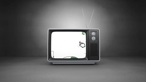 digital animation of geometric shapes on television screen against grey background