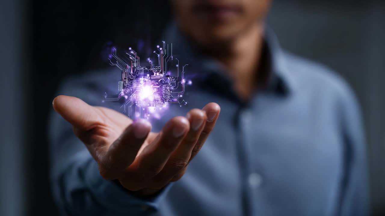 A person holds a luminous holographic circuit board in their hand, showcasing the fusion of technology and human interaction, symbolizing innovation and digital advancement in a futuristic scenario
