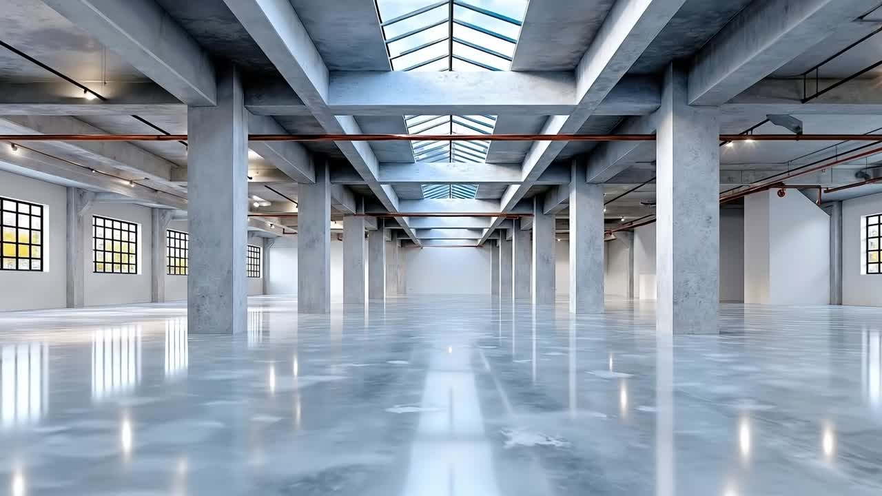 A large empty room with concrete floors and a skylight