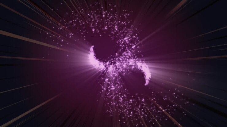 Digital animation of shooting stars moving and bursting against purple background
