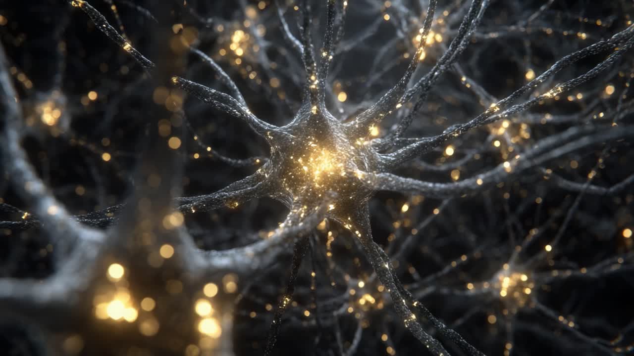 Exploring the Intricate Network of Neurons Illuminated by Soft Glowing Particles, Highlighting the Beauty of Neuroanatomy and Neural Interactions in a Dark Background