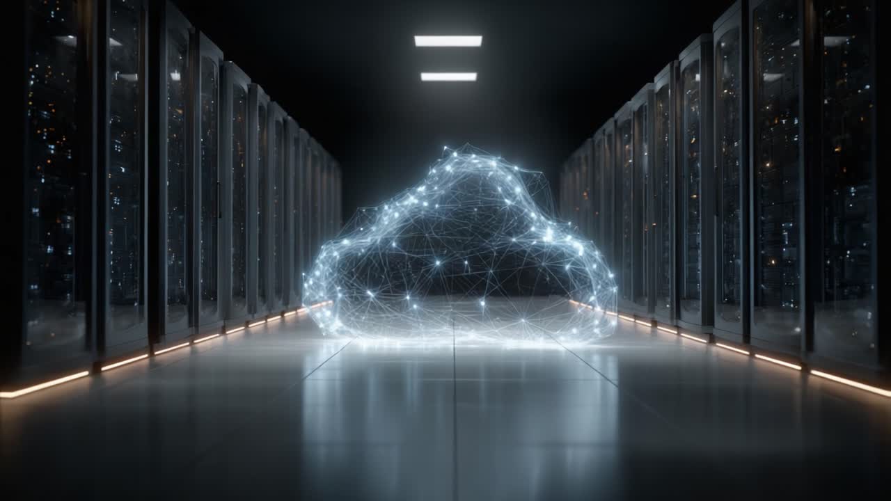 A Futuristic Data Center Featuring a Glowing Cloud Structure Surrounded by High-Tech Server Racks, Symbolizing Advanced Cloud Computing Technology and Connectivity