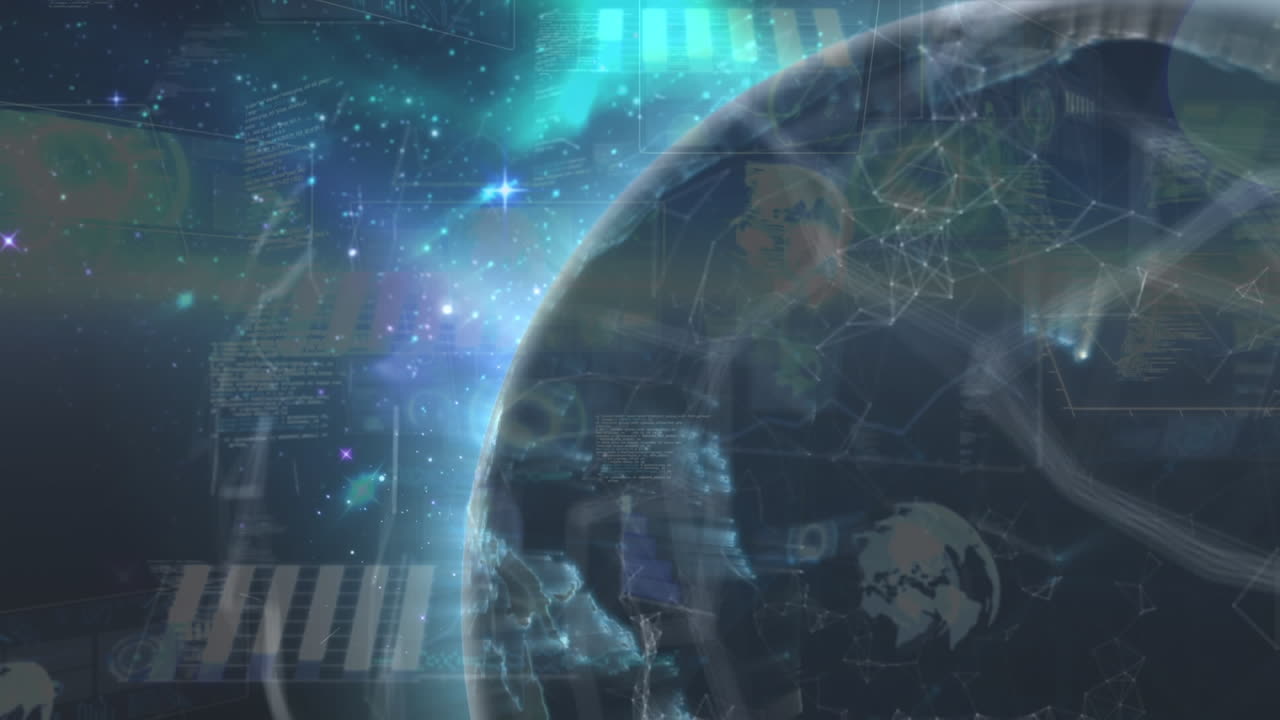 animación de líneas amarillas sobre el procesamiento de datos, redes de conexiones y globo