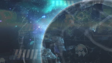 animation of yellow lines over data processing, networks of connections and globe