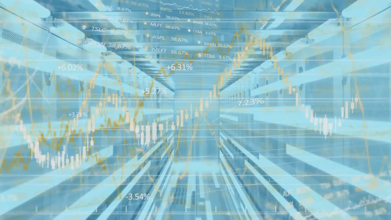 ⁇ 박이는 불빛이 있는  ⁇  빈 옷장 위에서 데이터 처리를 하는 통계의 애니메이션