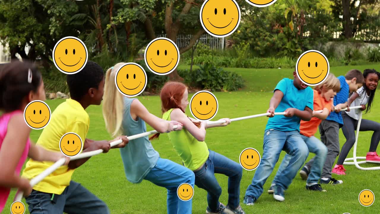 다양한 학교 아이들 위에 떨어지는 아이콘의 애니메이션 아이들이 로프를 당기고 있습니다.