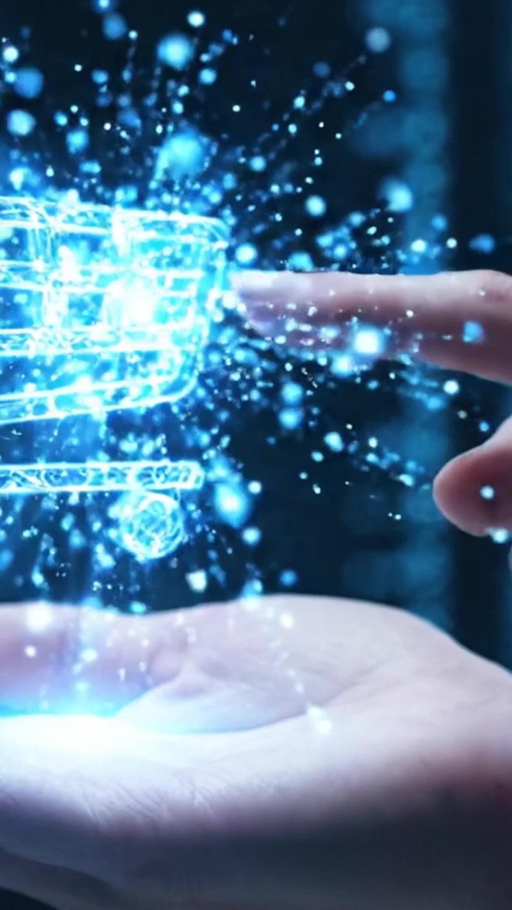Un carrello della spesa digitale: trasformare l'e-commerce con visualizzazioni innovative di esperienze di shopping virtuale e interazione manuale in un'interfaccia futuristica