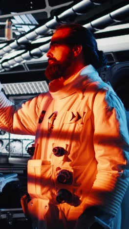 vertical video astronaut using laptop to verify mission parameters after completing expedition