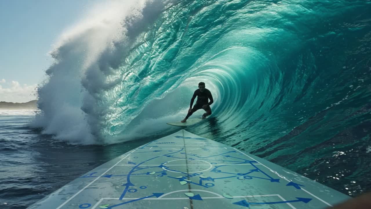 An exhilarating moment captured as a surfer rides inside a massive, crystal-clear wave, showcasing the thrilling essence of surfing against the backdrop of nature's beauty