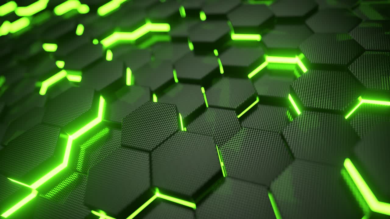 Abstract Hexagonal Geometric Pattern with Glowing Green Light