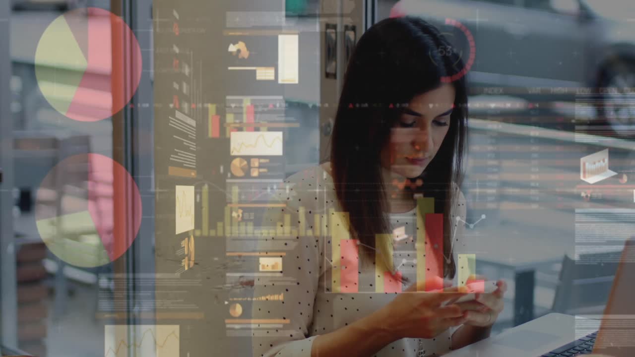 animación de estadísticas y procesamiento de datos sobre mujeres que usan teléfonos inteligentes
