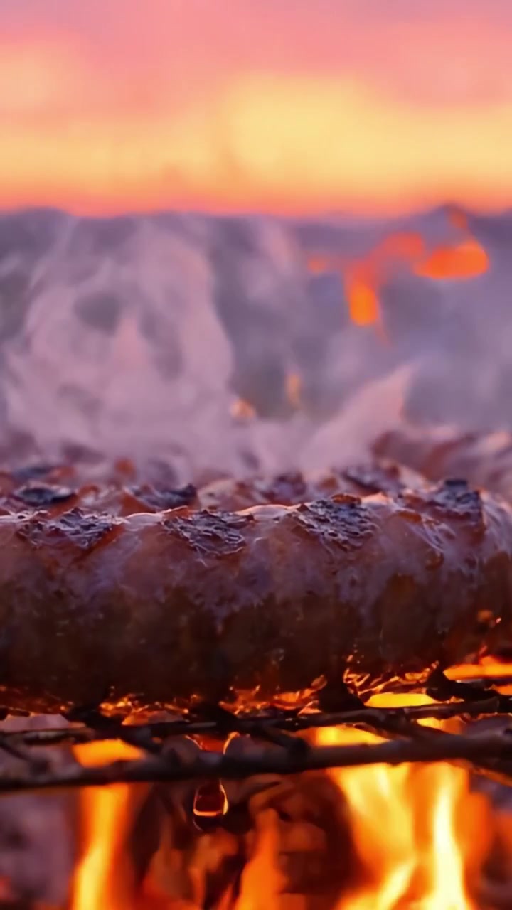 Grigliare deliziose salsicce su una fiamma tremolante al tramonto, evidenziando l'arte della cucina all'aperto in un'atmosfera vibrante piena di fumo e bagliore caldo