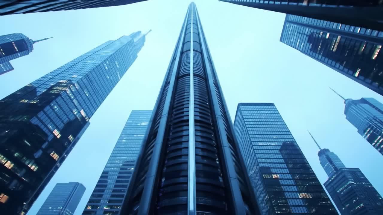 In a bustling city, towering skyscrapers reach high into the twilight sky, reflecting the last light of day. The architecture showcases modern design against the evening backdrop.