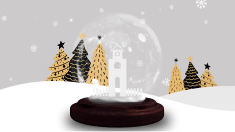 Snow globe with house and trees, Christmas animation over falling snowflakes