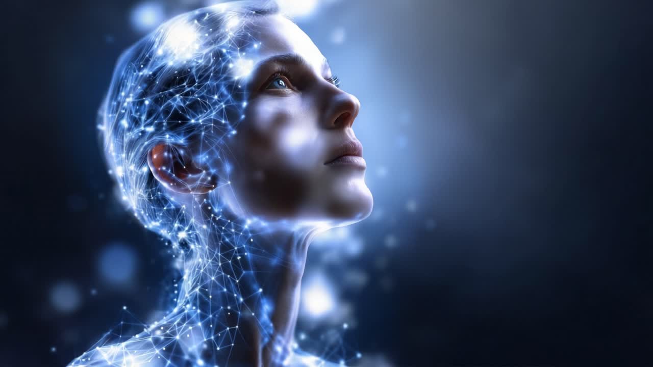 Un retrato futurista y etéreo de una mujer con conexiones luminosas, representando la fusión de tecnología y emoción humana en la era digital.