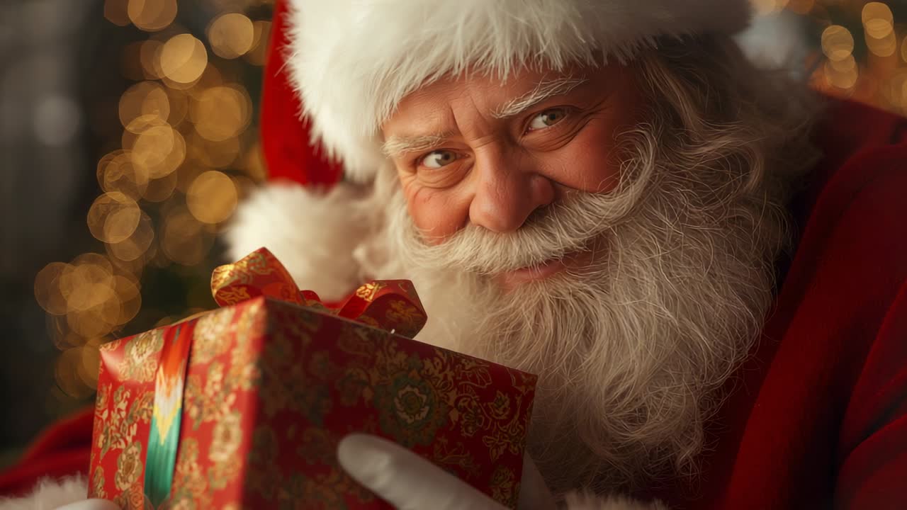 Gloved Santa Claus in red suit lifting gift box in living room upon start, presenting gift