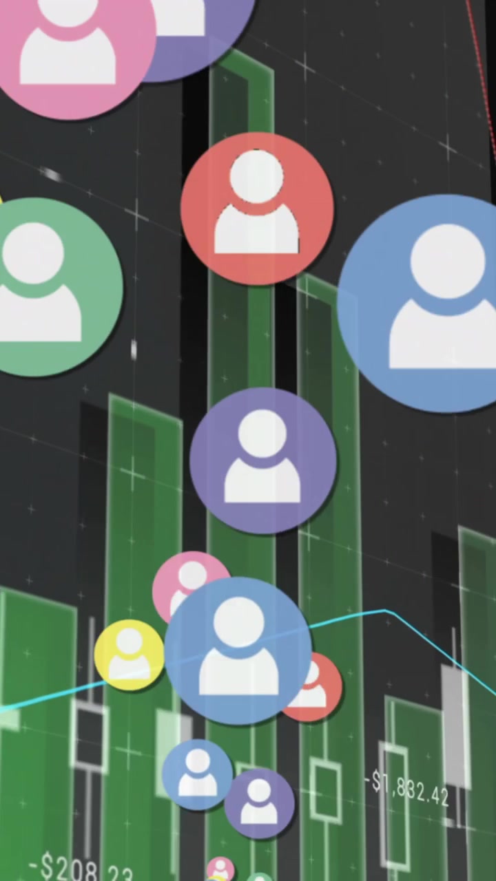 Animation of people icons over statistics and financial data processing
