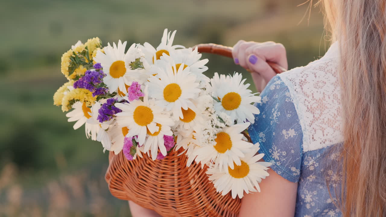 un niño sostiene una canasta de flores en prados y colinas verdes