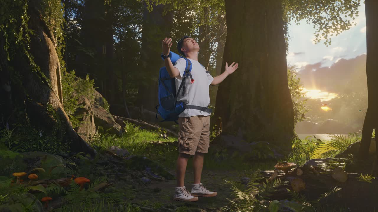 산악 배을 들고 산책하는 아시아 남성 하이커의 전체 몸의 측면 시각 웃으며 팔을 펴고 숲의 자연을 탐험하면서 주변을 바라보는 것을 즐기십시오.