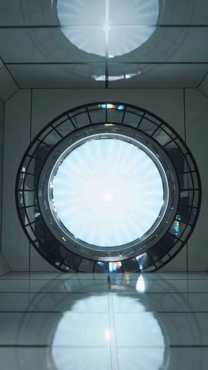 Video verticale: Zoom indietro della telecamera che rivela una luce circolare in un atrio con il riflesso di una griglia metallica.