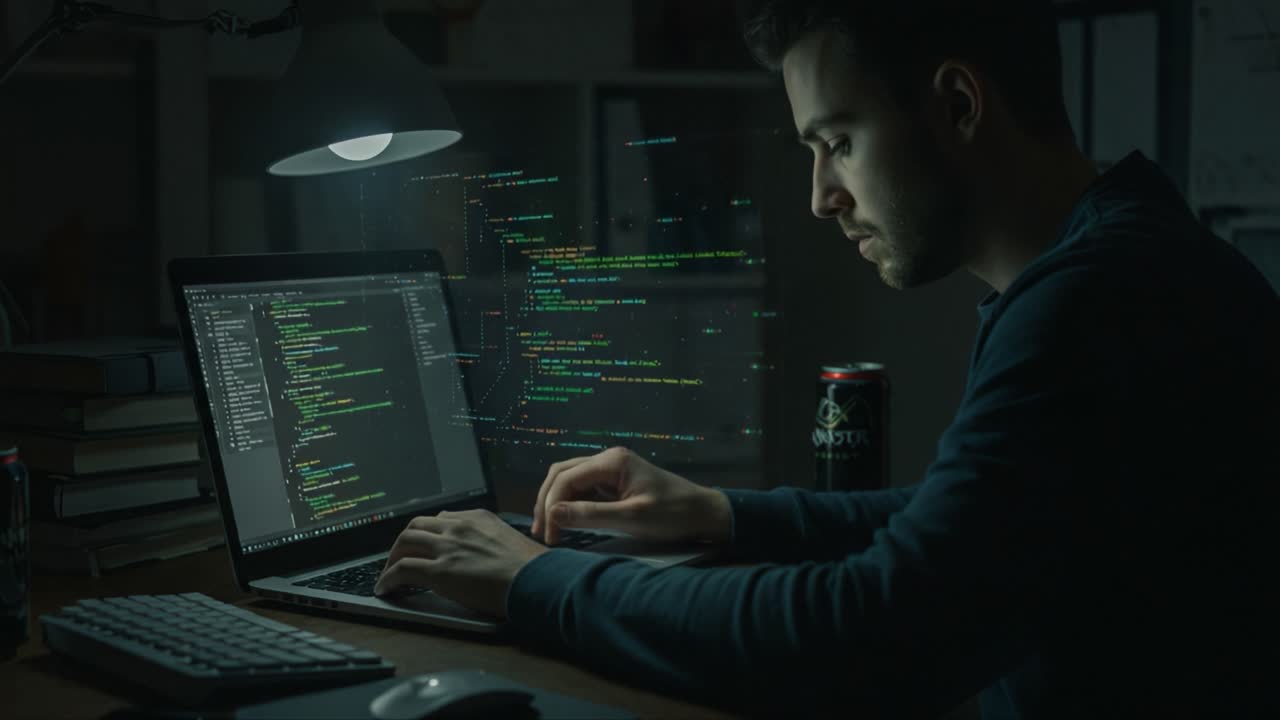 A Focused Programmer Engaged in Coding at Night Surrounded by Books and a Beverage, Illuminated by the Glow of a Desk Lamp and Computer Screen with Coding Text