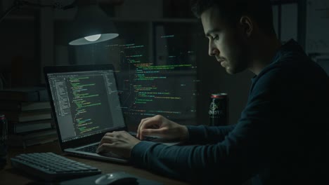 a focused programmer engaged in coding at night surrounded by books and a beverage, illuminated by the glow of a desk lamp and computer screen with coding text