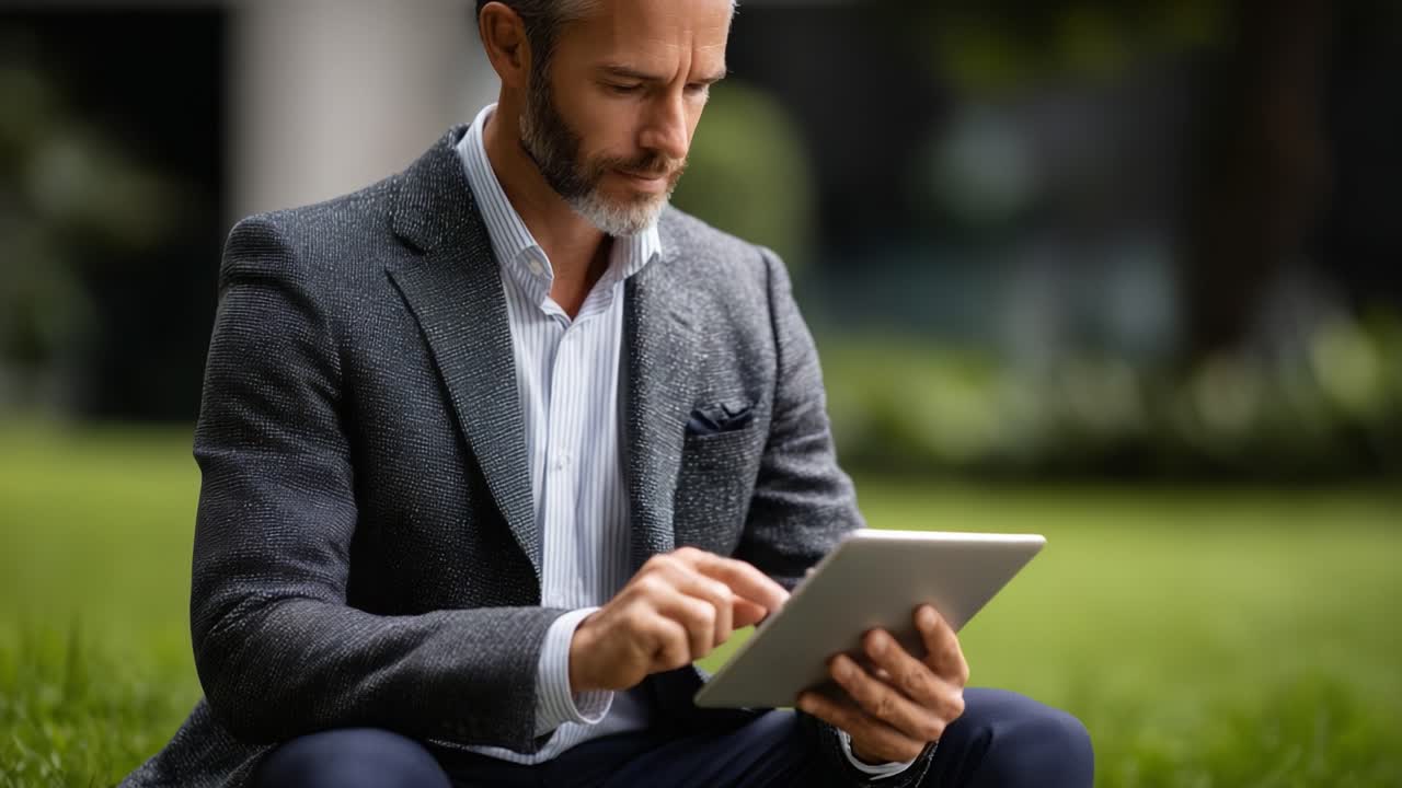 A Thoughtful Professional Engaged with Technology: A Man Using a Tablet Outdoors in a Green, Natural Setting, Deeply Focused and Introspective