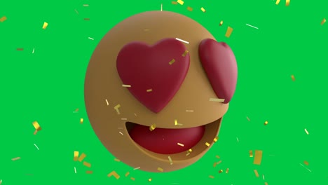 Animación-Del-Icono-Emoji-De-Amor-Sobre-Confeti-Cayendo-Sobre-Fondo-Verde