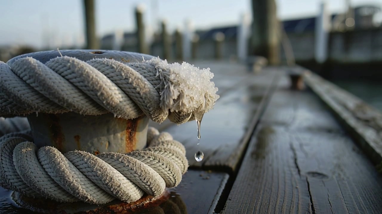 Optøende, oprullet fortøjningstov, der drypper fra en iset, flosset ende på en lystbådehavn, rusten pullert