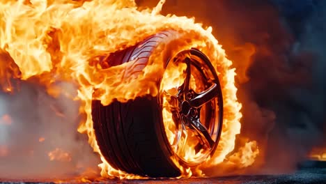 a car tire on fire on the ground